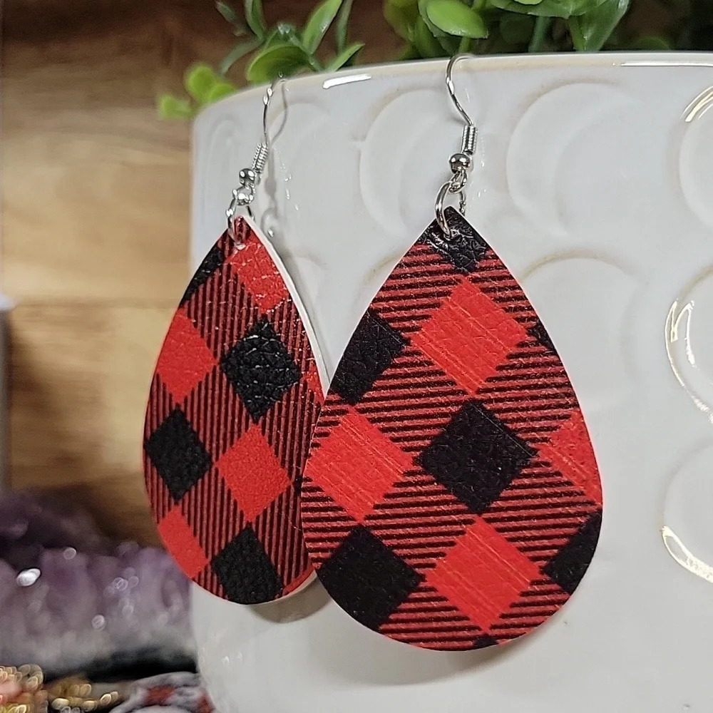 Buffalo Plaid Leather Drop Earrings